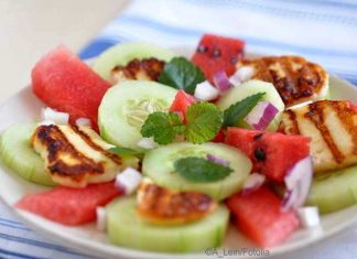 Halloumi selber machen, kombiniert mit einem Melonensalat